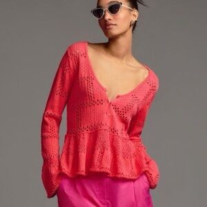 Anthropologie Pilcro Pointelle Babydoll Sweater Coral Pink 100% Cotton Size S